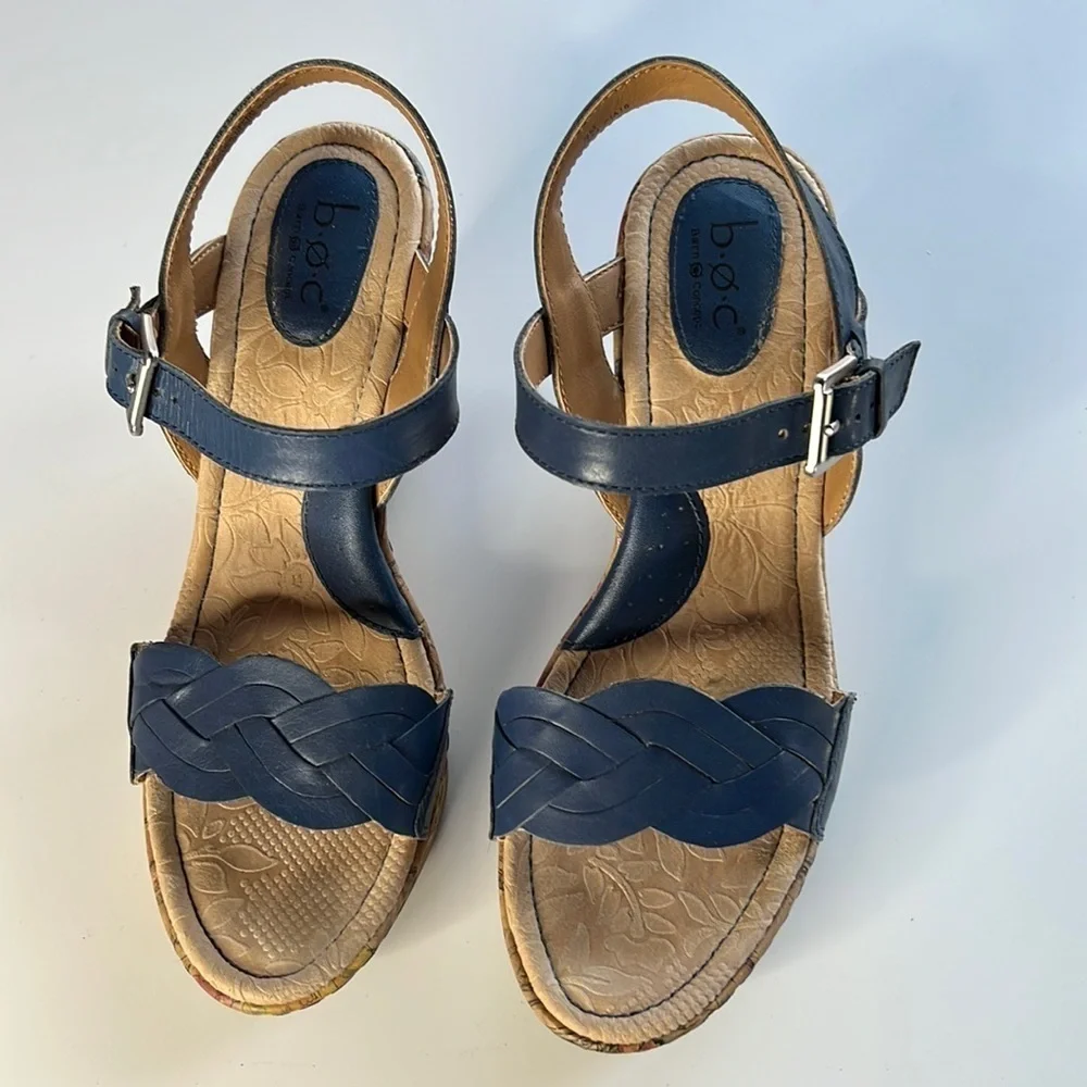 Born BOC Blue Leather Braided Strap Cork Floral Wedge Sandals Size 9